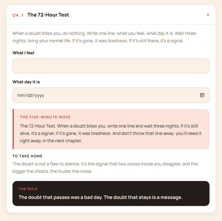 A kit sheet in the Workbook: the 72-Hour Test ready to fill in, with the five-minute move and the rule of the chapter